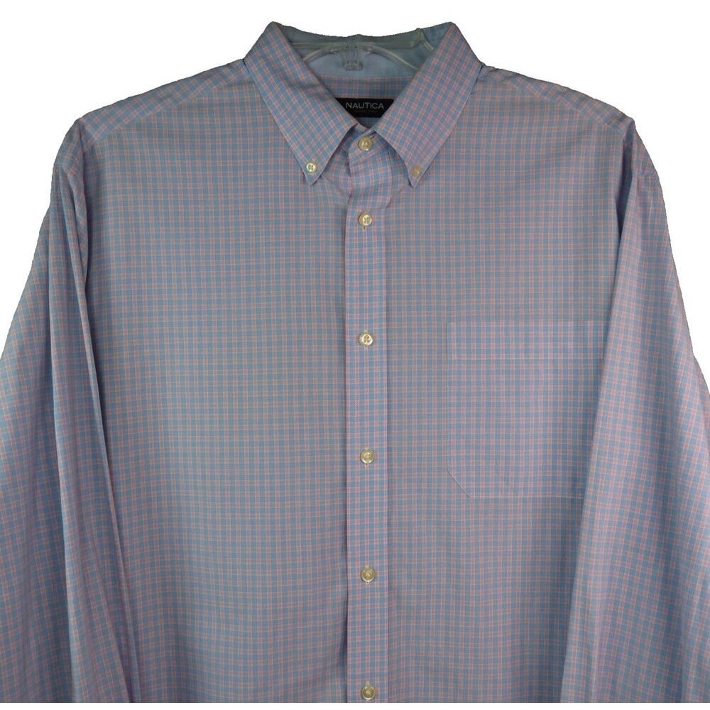 Nautica Long Sleeve Button Down Shirt Men's Size 17x34/35 Blue Plaid 100% Cotton